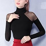 JET-BOND See Through Cold Shoulders Mesh Top Basic Shirt FS63 Long Sleeves Mock Turtle Neck Blouse For Women Patchwork