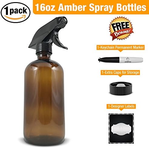 Empty Amber Glass Spray Bottle-Large 16 oz Refillable Container for Essential Oils, Cleaning Products, or Aromatherapy-Black Trigger Sprayer w/ Mist and Stream Settings-1 PackBonus Free Extras