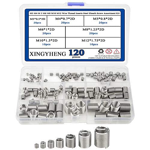 XLX 120pcs M3 M4 M 5 M6 M8 M10 M12 Wire Thread Inserts Steel Sheath Helicoil Type Screw Repair Sleeve Assortment Kit with Plastic Box