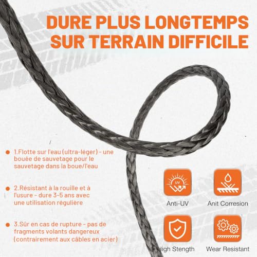 SHALL Tow Straps & Ropes, Synthetic Winch Rope 12mm x 28m, 16 Ton (16500 LB), Protective Sleeve, Forged Winch Hook and Safety Strap.