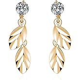 Reffeer Solid 925 Sterling Silver CZ Leaf Stud Earrings for Women Small Leaf Stud Earrings Drops (B-18K Gold)