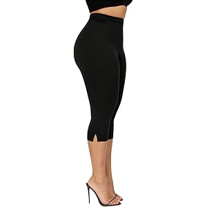 Seyumixi Women's Split Hem Capris Elastic Waist Mid Calf Capri Leggings Side Slit Stretchy Skinny Cropped Pants Dressy
