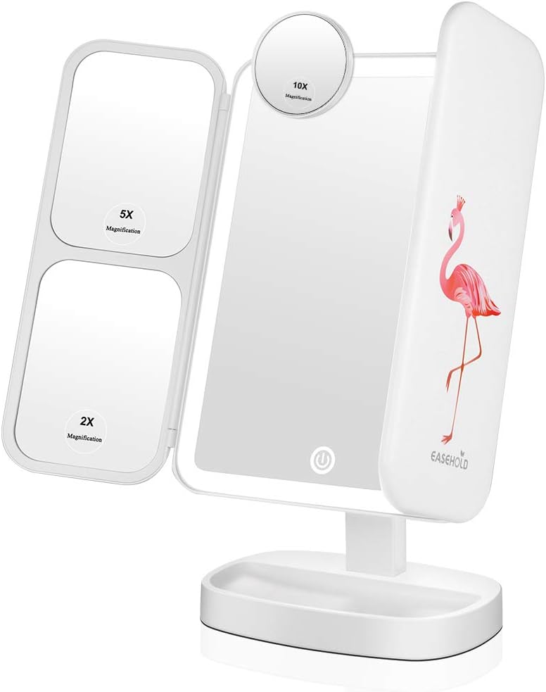 easehold Three Surface Mirror Vanity Mirror Desktop Mirror Brightness Adjustable Banded Folding LED Light USB or Battery Operated Power 180 Degree Angle Adjustable Stand, Mirror, Makeup Mirror
