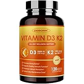 ZEBORA 6-in-1 Upgraded Vitamin D3 K2 Supplement, Vitamin D3 5000IU + Vitamin K2 MK7 100mcg for Bone & Immune Support, Efficient Absorption, Non-GMO, 120 Capsules