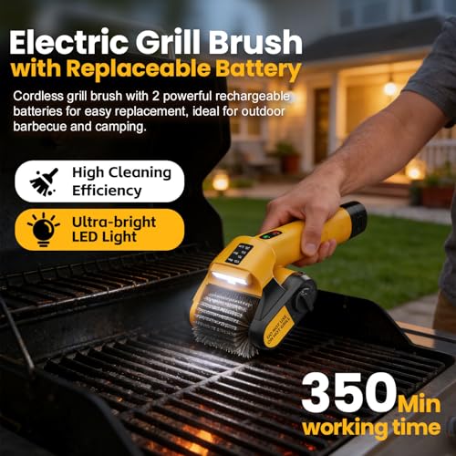 Qimedo Electric Grill Brush for BBQ – Powerful Barbecue Cleaning Brush with 2 Rechargeable Batteries & 2 Replaceable Stainless Steel Heads for Grill Grates, Flat Tops & Plancha