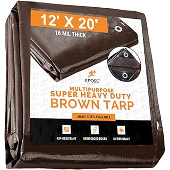12' x 20' Super Heavy Duty 16 Mil Brown Poly Tarp Cover - Thick Waterproof, UV Resistant, Rot, Rip and Tear Proof Tarpaulin with Grommets and Reinforced Edges - by Xpose Safety