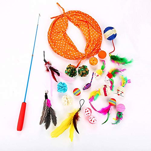 Cat Toys - 20 Pcs Pet Cat Toy Set Play Tunnel Tubes Collapsible Crinkle Feather Tease Cats Rod Interactive Toys - Play Natural Feather Dynamite Value Squeaky Duck Fishing Treats Wand Bored Yeowww