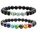 Jovivi 2pcs 7 Chakras Bracelet Lava Rock Stone Crystal Reiki Healing Balancing Natural Gemstone Round Beads for Essential Oil w/Box,Various Sets
