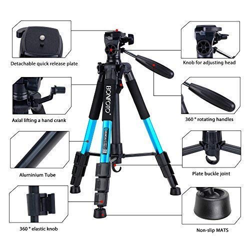 BONFOTO Q111 Portable Pro 55-inch Tripod Compact Lightweight Camera Stand with Phone Holder Mount and Quick Release Pan Head Plate for Smartphones Digital SLR Canon EOS Nikon Sony Samsung(Blue)
