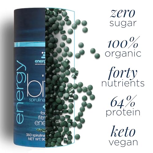 ENERGYBITS Organic Spirulina Tablets (1000 Algae Tablets) Natural Superfood for Energy, Fitness & Focus - 5g Protein, 1 Calorie, Sugar Free - Omega 3 - Spirulina Capsules - Gluten Free, Keto & Vegan