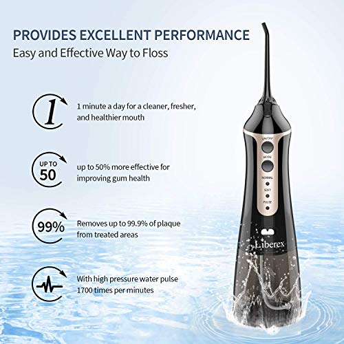 Liberex Cordless Water Flosser - Portable Oral Irrigator with 5 Jet Nozzles, IPX7 Waterproof 300ml Reservoir, 3 Modes Dental Care Teeth Jet for Teeth Braces,USB Rechargeable