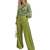 CHICME Women's 2 Pieces Outfit Abstract Print Cowl Neck Lantern Sleeve Crop Top and Wide Leg Pants Set