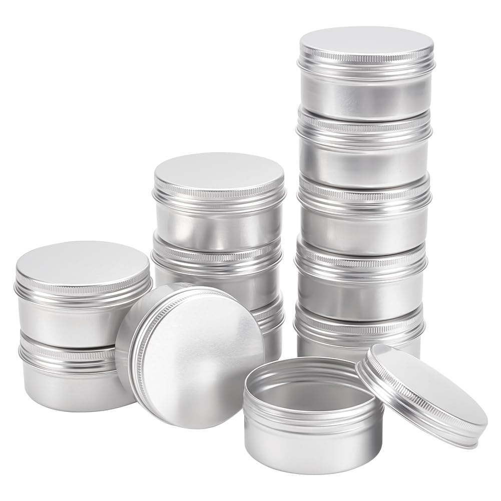 BENECREAT 12 Pcs 80ml Aluminum Tin Jars, Round Aluminum Tin Cans Cosmetic Containers with Screw Lid for DIY Crafts Travel Storage-Platinum