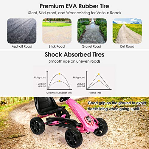Costzon Pedal Go Kart, Pedal Powered Kids Ride on Car Toy, Children's 4 Wheels Riding Car Crazy Cart w/ Adjustable Seat, Foot Pedal, for Boys & Girls Age 3 to 8 Years Old, Indoor & Outdoor (Pink) - Thumbnail 5