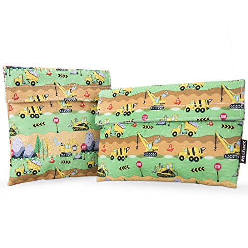 Ava & Kings 2pc Eco Friendly Reusable Snack Bags Sandwich Wrap w/ Insulated Fabric - Great for School Lunch, Work, Picnic Food, Boys & Girls - Sizes: 7x7 in & 6x9 in - Construction Vehicles