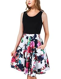 UXELY - Vestido de cóctel para mujer, elegante, sin mangas, floral, con bolsillos