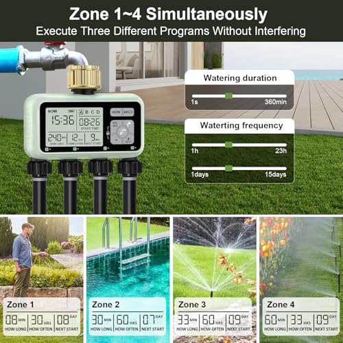 Watering Timer 4 Zone with Brass Inlet, Sprinkler Timer, Programmable Garden Outdoor Hose Faucet Timer with Rain Delay, Auto & Manual Watering System for Garden Lawn