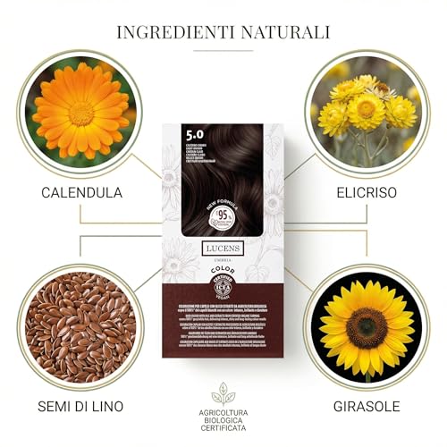 Lucens Umbria - 5.0 Light Brown, Ammonia-Free Hair Dye, Vegan Permanent Colouring Kit with Natural Extracts, Soothing, Moisturizing and Protective Action