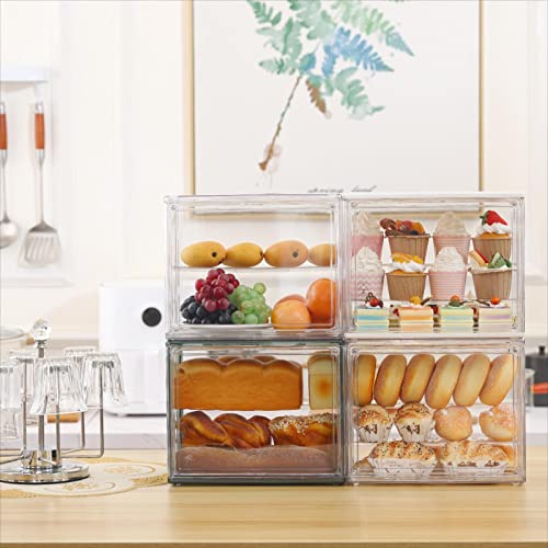 MESISEPHELE Clear Display Case Bread Box for Kitchen Countertop, Transparent 2 Tier Display Shelf Cake Cupcake Bread Storage Container Pantry Bakery Keeps Fresh for Pastry Donut Bagel Muffins Rolls
