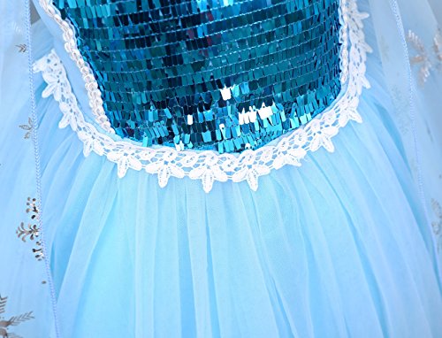 Cotrio Elsa Costume Dress Girls Snow Queen Princess Dresses Kids Halloween Outfit Clothes Party Fancy Dress with Wig, Gloves, Tiara, Wand Size 8 (7-8 Years, Blue, 130)