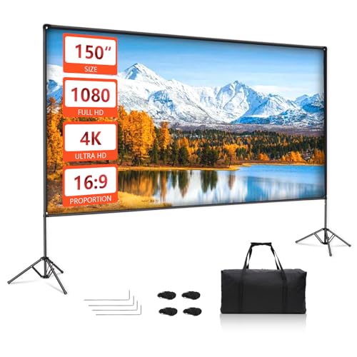 EMART Outdoor Projection Screen with Stand, 150 Inch Portable Indoor 16:9 4K HD Rear Front and Foldable Tripod with Carrying Bag for Home Theater Backyard Movies