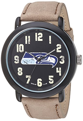 Game Time Men's 'Throwback' Quartz Metal and Leather Casual Watch, Color:Beige (Model: NFL-TBK-SEA)