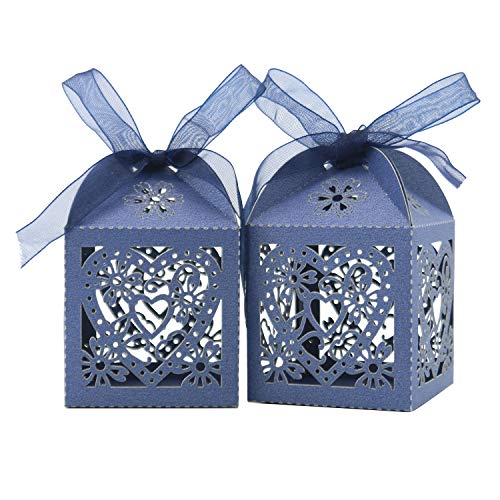 COTOPHER 100 Pack Love Heart Laser Cut Candy Boxes Wedding Party Favor Boxes Small Gift Boxes for Wedding Bridal Shower Baby Shower Birthday Party (100, Navy)