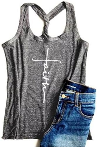 Maconsttt Women's Shirt Women Sleeveless Faith Letter Print Tank Tops Shirt Tops gray 0S