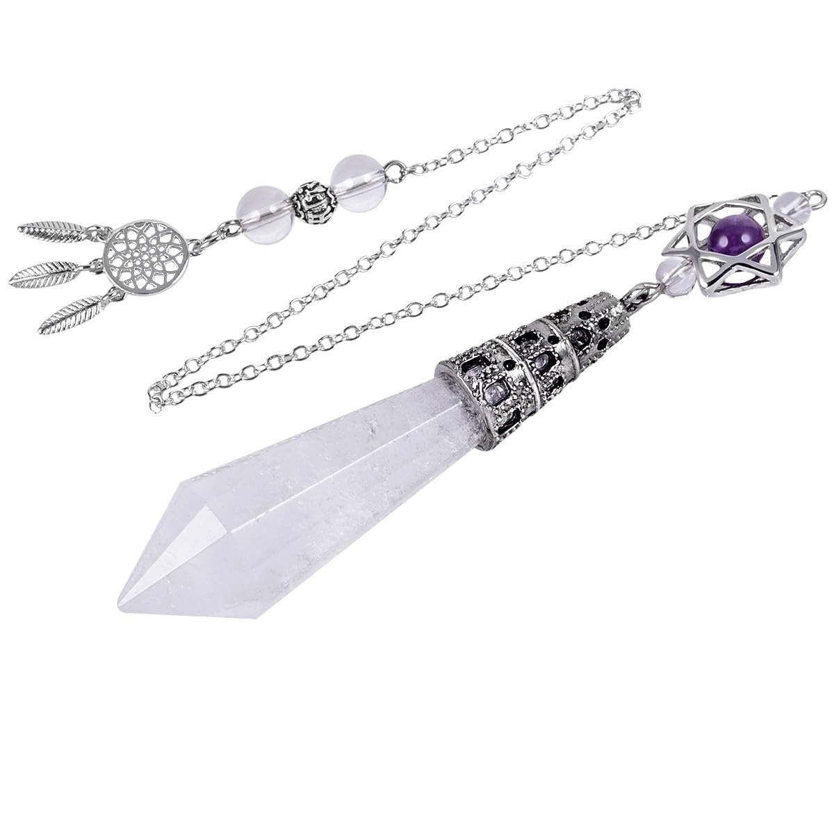 mookaitedecor Natural Clear Quartz Crystal Divination Dowsing Pendulum Faceted White Crystal Point Pendulum with Merkaba Star Dream Catcher Reiki Healing Crystal Witchcraft Wiccan Supplies Decor Gift
