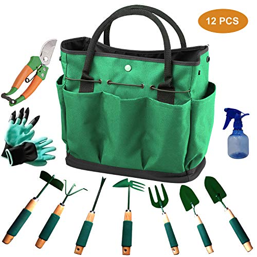 Urban Deco Gardening Tools 12 Pieces Garden Tools Set Durable Hand Tools Kit with 600D Canvas Tote Heavy Duty Gardening Work Set with Garden Gloves-Perfect Gardening Tools for Women Men
