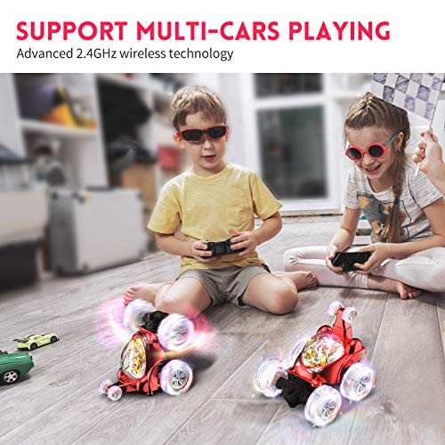UTTORA Remote Control Car for Kids, RC Stunt Car with 360 ° Rolling Dancing Performance Colorful Lights and Dynamic Music Rechargeable 2.4Ghz RC Car Toy for Boys and Girls (Red)