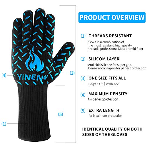 YINENN BBQ Grill Gloves with 932Â°F Heat Resistance and Insulated Silicone for Barbecue with Grilling,Smoker,Cooking and Oven,Baking,Fireplace,Frying and Kitchen-1 Pairs (13.5''XL)-Blue