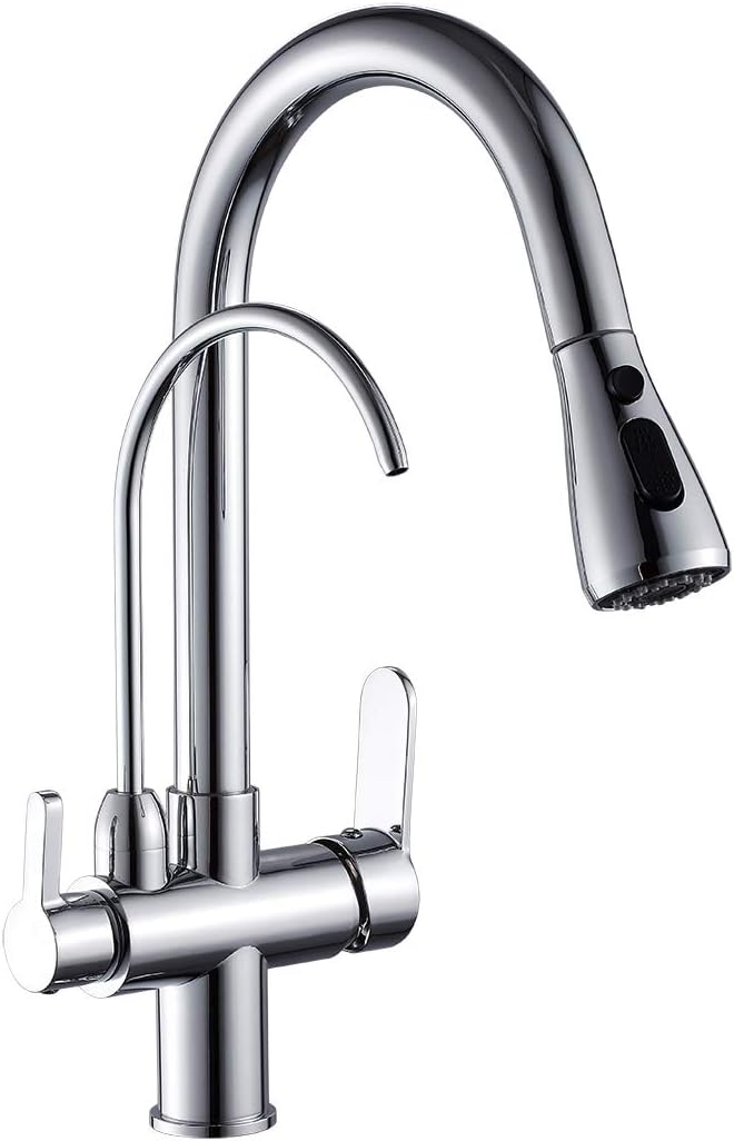 Commercial Lead Free Pull Out Kitchen Sink Faucet Dual Handle 3 in 1 High Arc Water Filter Purifier Faucets Polished Chrome WANFAN 0195L - - 
