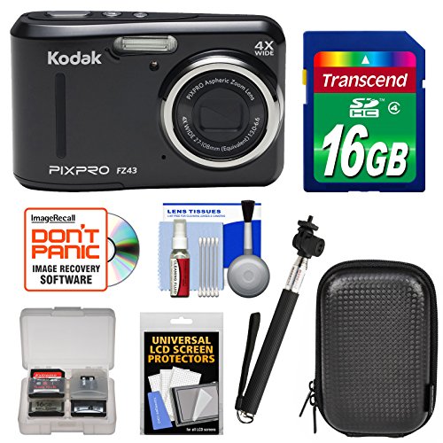 Kodak PixPro Friendly Zoom FZ43 Digital Camera (Black) with 16GB Card + Case + Selfie Stick + Kit