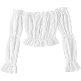 LYANER Women's Off Shoulder Puff Long Sleeve Ruffle Ruched Trim Tube Crop Top Blouse Pure Black X-Large