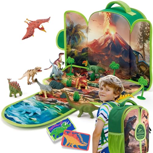 COCO&Friends Dinosaurs Toy for Kids 3-7 Years, Portable Backpack with 3D Foldable Play Mat, Gift for Kids Boys Girls