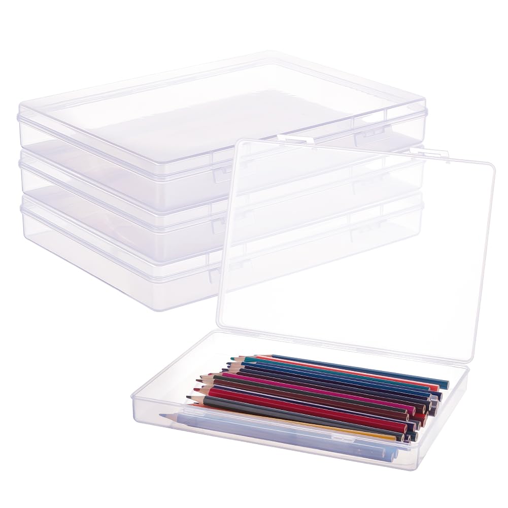 BENECREAT 22.5x16.5x3.3cm 4 Pack Rectangle Clear Plastic Storage Containers Large Box Case with Flip-Up Lids for Small Items, Notebook, Pen, Bead and Jewelry Findings