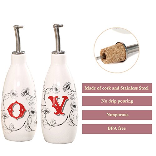 Olive Oil Bottle Set Ceramic Dispenser Porcelain Vinegar Cruet 9oz. with Stainless Steel Leak Proof Pourer Spout for Cooking or Salad Dressing by CEDAR HOME, 2 Pack, Farmer Market