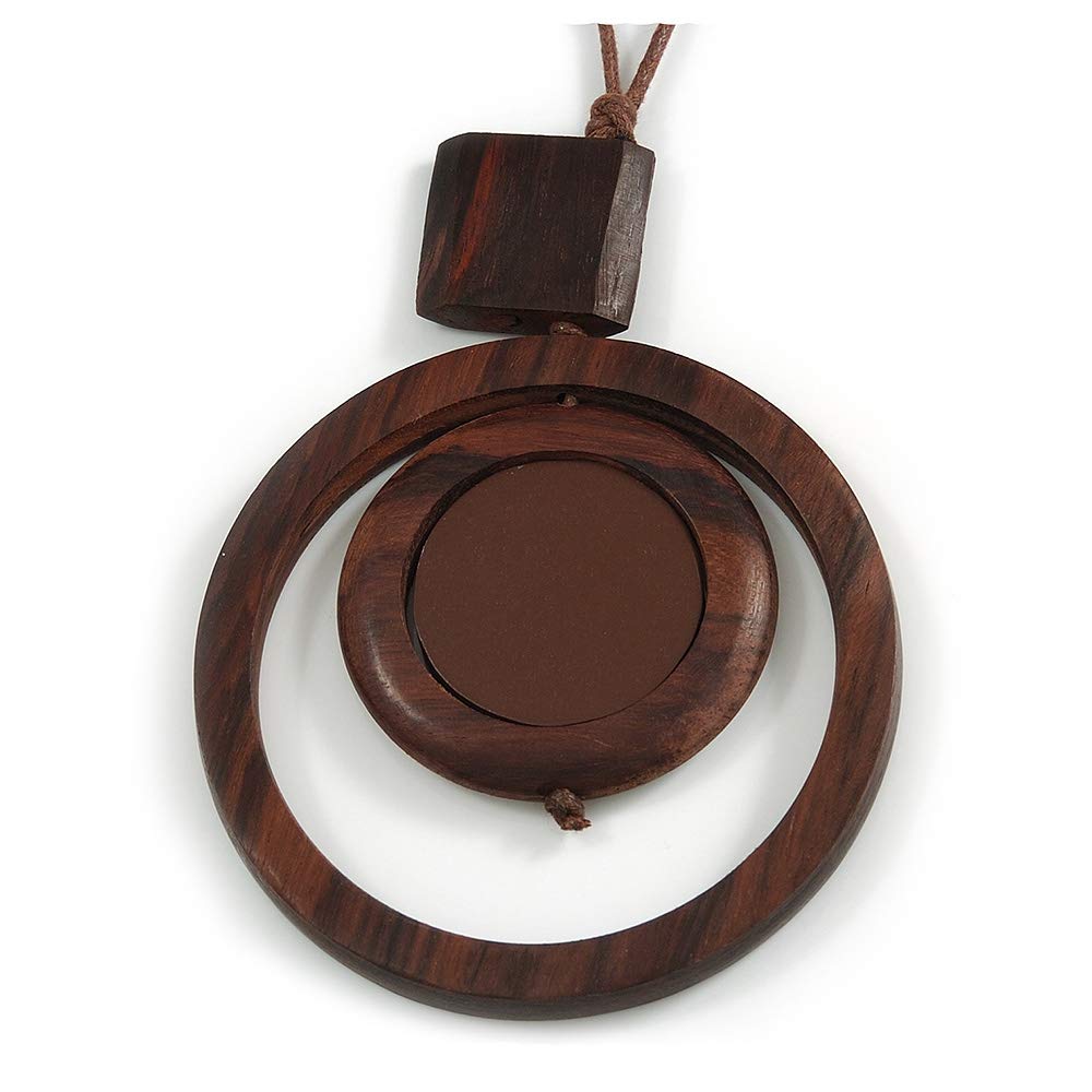 Avalaya Brown Double Circle Wooden Pendant Cotton Cord Long Necklace - 80cm L/ 10cm Pendant - Adjustable