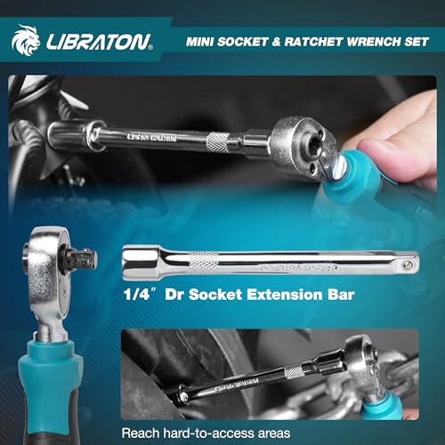 LIBRATON 37 Piece Mini Ratchet and Socket Set with 10.2mm Drive, 4-13mm Bits, Magnetic Handle, Extension Bars and Universal Joint, with Storage Case for