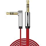 UGREEN Slim Thin 3.5mm Audio Stereo Cable Cord Male to Male Auxiliary Cable Flat 90 Degree Right Angle Aux Cable Compatible for iPhone, iPad or Smartphones, Tablets, Media Players (Red, 3ft)