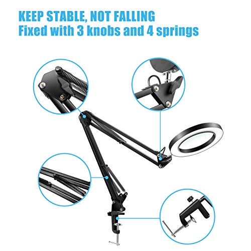 LANCOSC LED Magnifying Lamp with Clamp, 10 Levels Dimmable, 3 Color Modes, 5-Diopter Real Glass Lens, Adjustable Swivel Arm Lighted Magnifier Light for Desk Table Craft Workbench Close Work-2.25X
