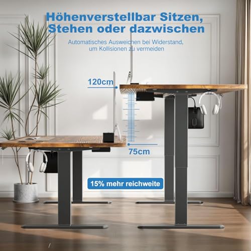 Devoko Höhenverstellbarer Schreibtisch mit 2 Motoren，25mm Einteilige Tischplatte, 160x80 cm Mobiler Elektrisch Computertisch mit Kabel Management, Vintagebraun - Perfekte Ergonomie für Dein Büro thumbnail 2