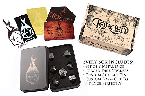 Forged Dice Co. Metal Dice Compatible with RPG games like Dungeons and Dragons, DnD, and Pathfinder (Iron Moss w/ Green Numbers Set of 7 Polyhedral w/ Tin, Set of 7 Polyhedral w/ Tin)