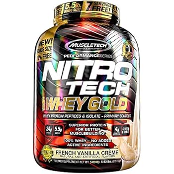 MuscleTech NitroTech Whey Gold, 100% Whey Protein Powder, Whey Isolate and Whey Peptides, Vanilla, 5.53 lbs