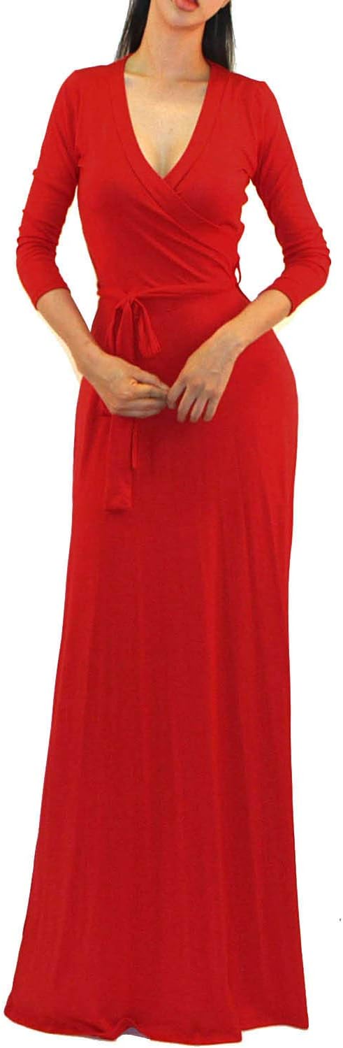Vivicastle Women's USA Solid V-Neck 3/4 Sleeve Faux Wrap Waist Long Maxi Dress
