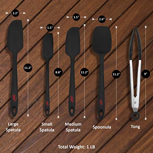 Kaluns 5-Piece Spatula set Black Includes 4 Silicone Spatulas and One 9" Tong, Rubber Kitchen Tools for Cooking, Baking and Mixing, Strong Stainless steel core design, Non-stick, 600F Heat resistant - Thumbnail 7