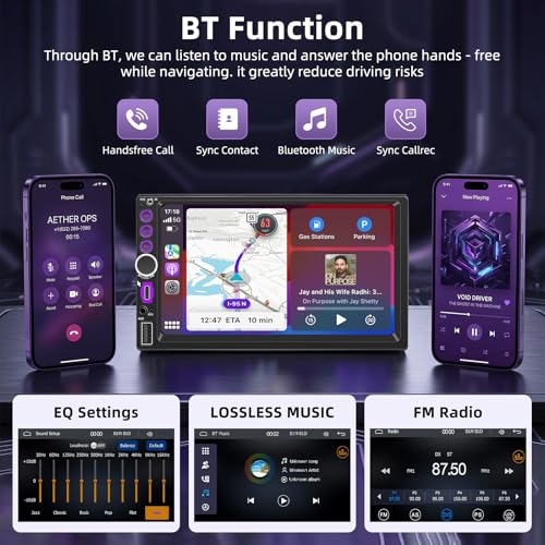 2 DIN Car Radio with CarPlay Wireless and Android Car, 7 Inch Touchscreen Screen, Bluetooth 5.0 Car Radio with Rear Camera, Mirror Link, Type-C, SWC, FM, EQ, GPS Navigation