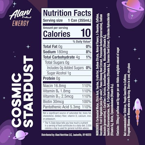 Alani Nu COSMIC STARDUST, Sugar Free, Low Calorie Energy Drinks, 200mg Caffeine, Biotin, B Vitamins, Zero Sugar, 10 Calories, 12 Fl Oz Cans, 12 Pack