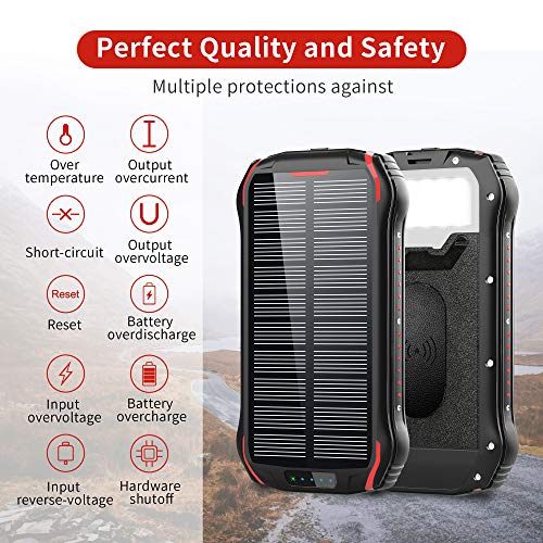 Solar Charger 26800mAh, Wireless Solar Power Bank Portable Charger with 18 LED 3 USB Output 4 Lighting Modes Ports External Backup Battery Huge Capacity Phone Charger for Camping Outdoor